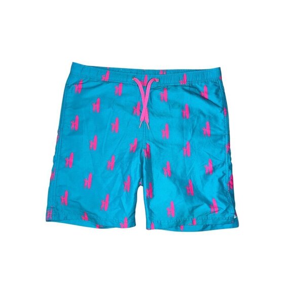 Johnnie O Swim Trunks Mens M Blue All Over Print Logo Lined Shorts Beach Surf - Picture 1 of 7